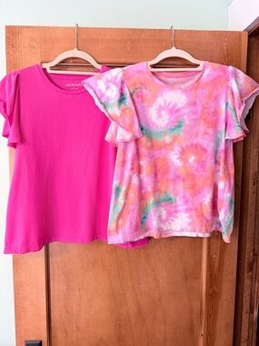 Crewcuts Girls' Hot Pink & Multi Tie-Dye Ruffle Sleeve Tee Duo